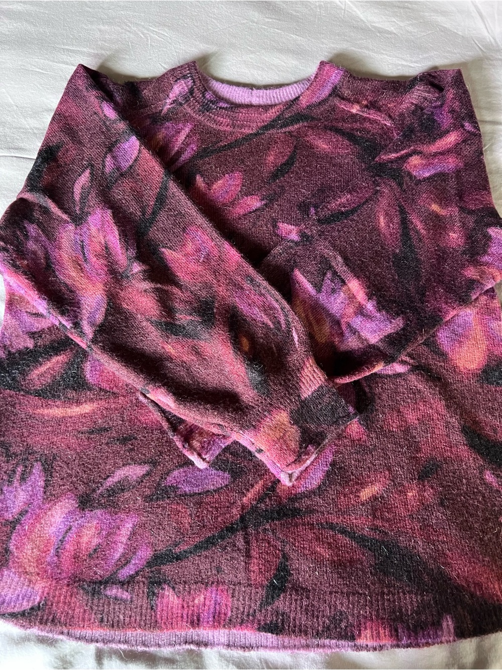 Democracy Floral Crewneck Sweater in Plum and Pink Mohair Blend